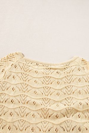 Women’s Beige Knitted Sweater with Drawstrings and Lace Pattern