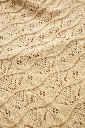 Women’s Beige Knitted Sweater with Drawstrings and Lace Pattern