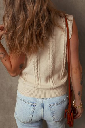 Women’s Beige Sleeveless Knitted Sweater with Floral Embroidery