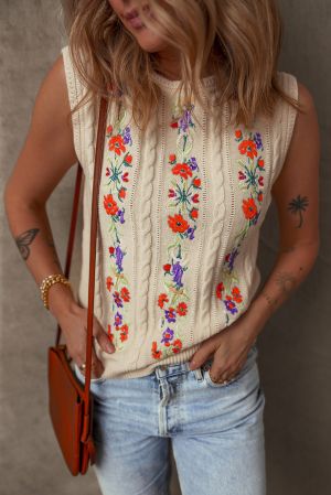 Women’s Beige Sleeveless Knitted Sweater with Floral Embroidery