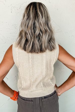 Women’s Beige Sleeveless Knitted Sweater with Floral Embroidery