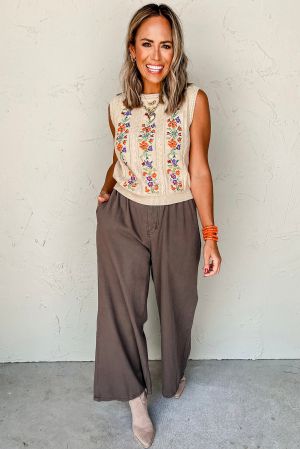 Women’s Beige Sleeveless Knitted Sweater with Floral Embroidery