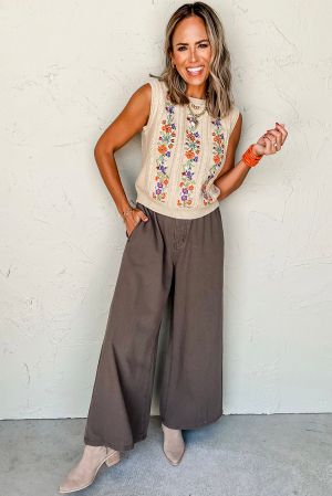 Women’s Beige Sleeveless Knitted Sweater with Floral Embroidery