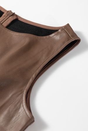 Дамска кафява мини рокля от еко кожа без ръкави