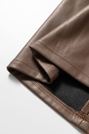 Дамска кафява мини рокля от еко кожа без ръкави