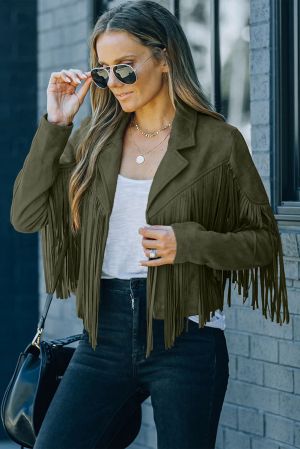 Women's Green Cropped Faux Suede Fringe Jacket