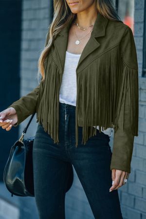 Women's Green Cropped Faux Suede Fringe Jacket