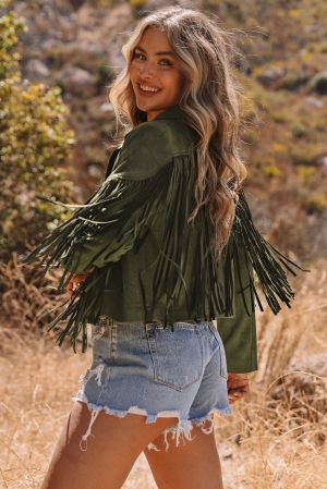 Women's Green Cropped Faux Suede Fringe Jacket