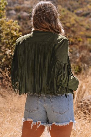 Women's Green Cropped Faux Suede Fringe Jacket