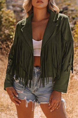 Women's Green Cropped Faux Suede Fringe Jacket