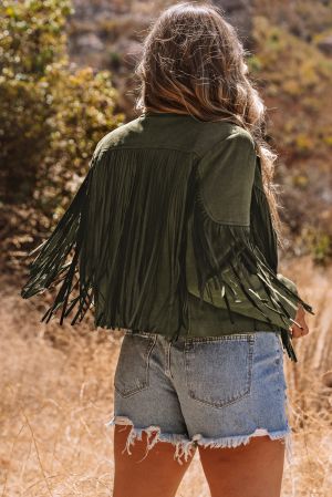 Women's Green Cropped Faux Suede Fringe Jacket