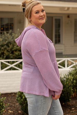 Women’s Plus Size Lavender Textured Hoodie Top with Buttons