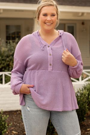 Women’s Plus Size Lavender Textured Hoodie Top with Buttons