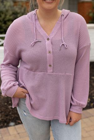 Women’s Plus Size Lavender Textured Hoodie Top with Buttons