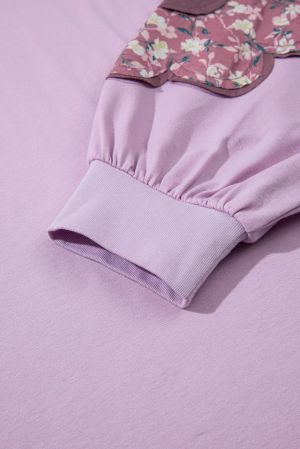 Дамска блуза в лилаво с флорални апликации по ръкавите, макси размери