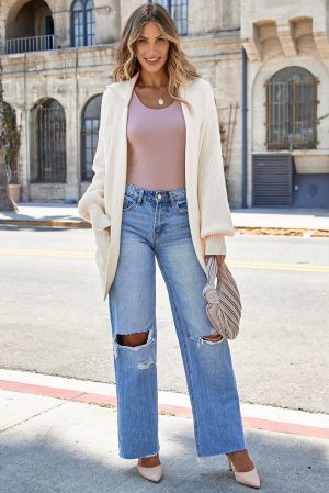 Women’s Beige Knit Cardigan with Single Button and Pockets