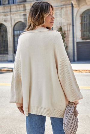 Women’s Beige Knit Cardigan with Single Button and Pockets