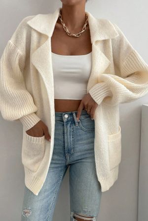 Women’s Beige Knit Cardigan with Single Button and Pockets