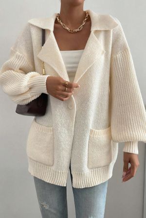 Women’s Beige Knit Cardigan with Single Button and Pockets