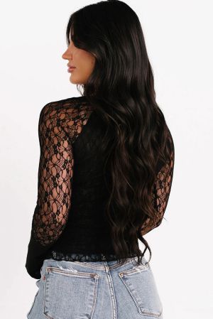 Women’s Black Lace Long Sleeve Blouse with Button Detail