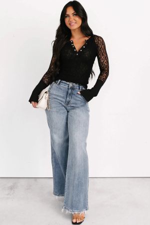 Women’s Black Lace Long Sleeve Blouse with Button Detail