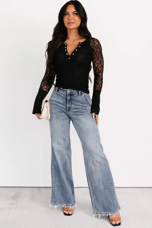 Women’s Black Lace Long Sleeve Blouse with Button Detail