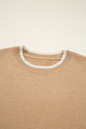 Дамски бежов пуловер с леопардови панделки и контрастни маншети