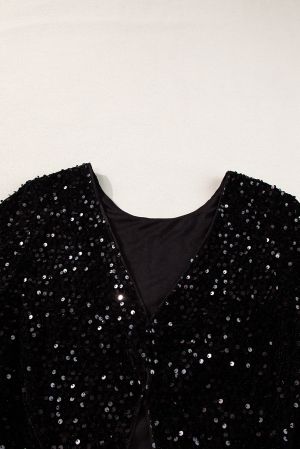 Women's Black Sequin Long Sleeve Cutout Back Top