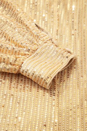 Дамска елегантна златиста блуза с пайети и висока яка