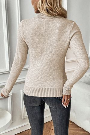 Women’s Beige Thermal Lined Ribbed Sweater with Mock Neck