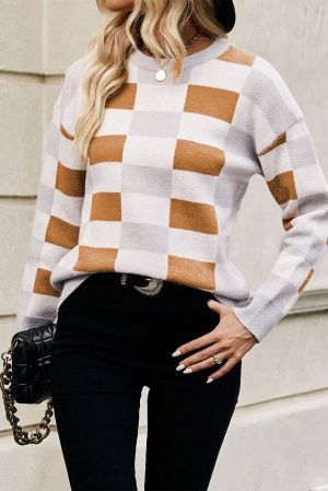 Women’s White, Gray and Brown Checkered Off-Shoulder Sweater