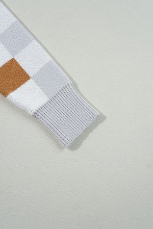 Women’s White, Gray and Brown Checkered Off-Shoulder Sweater