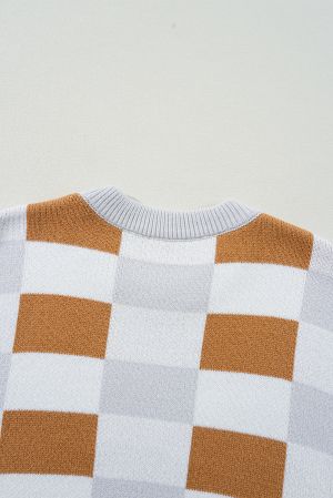 Women’s White, Gray and Brown Checkered Off-Shoulder Sweater