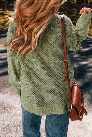Women’s Green Open-Knit Sweater with V-Neckline