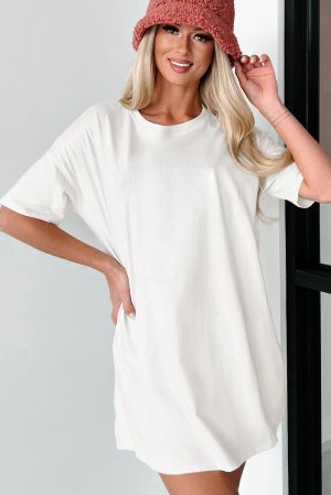 Women's White Cotton Oversized T-Shirt Tunic with Short Sleeves