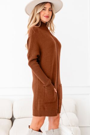 Women’s Brown Sweater Dress with High Neck and Pockets