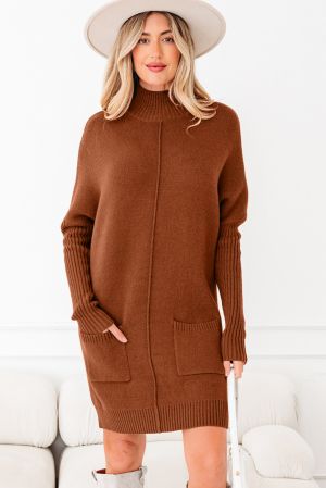 Women’s Brown Sweater Dress with High Neck and Pockets
