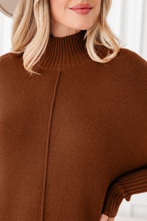 Women’s Brown Sweater Dress with High Neck and Pockets