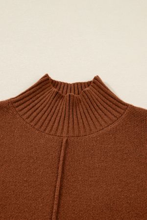 Women’s Brown Sweater Dress with High Neck and Pockets