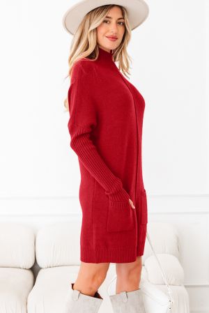 Women’s Red Sweater Dress with High Neck and Pockets
