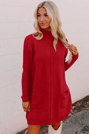 Women’s Red Sweater Dress with High Neck and Pockets