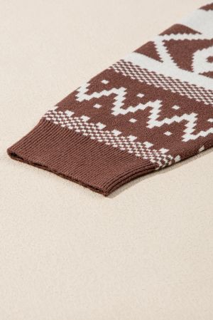 Дамски пуловер с абстрактен принт в кафяво и бяло