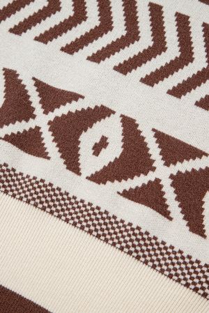 Дамски пуловер с абстрактен принт в кафяво и бяло
