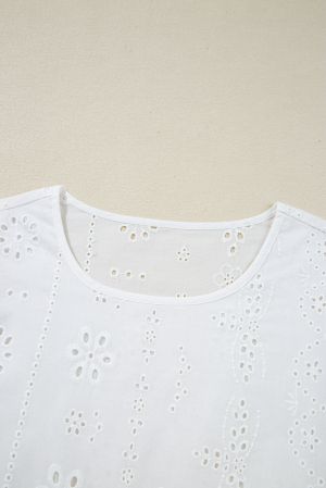Дамска блуза в бяло с бродерия и ластични маншети, 100% памук