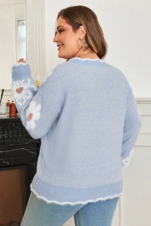 Women's Fuzzy Floral V-Neck Plus Size Sweater