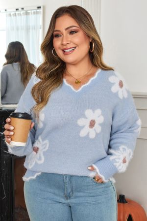 Women's Fuzzy Floral V-Neck Plus Size Sweater
