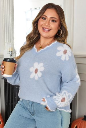 Women's Fuzzy Floral V-Neck Plus Size Sweater