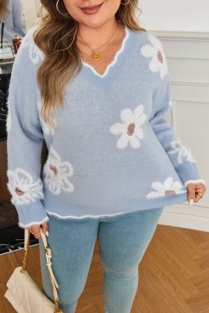 Women's Fuzzy Floral V-Neck Plus Size Sweater