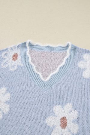 Women's Fuzzy Floral V-Neck Plus Size Sweater