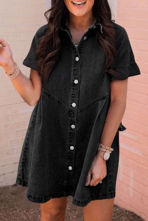 Women's Black Short Sleeve Button-Up Denim Shirt Dress